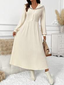 EMERY ROSE Women's Casual Contrast Piping Sailor Collar Lantern Sleeve Waist Cinched Dress, Spring/Autumn - Beige - View 3