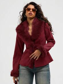 Aloruh Women's Elegant Elegant Simple Solid Color Patchwork Faux Fur Waist Regular Jacket, Autumn/Winter