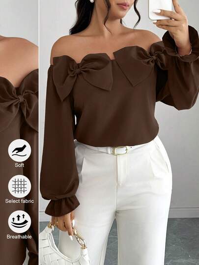 Elenzga Blusa de moda de manga larga con hombros descubiertos y decoración de lazo para mujer de talla grande de unicolor