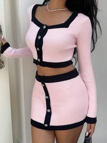 SHEIN Unity 2pcs/Set Sexy Women Contrast Color Long Sleeve Top & Mini Skirt - Multicolor - View 3