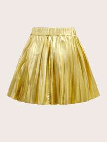 SHEIN 少女款 Glowmode 休闲针织 PU 面料金属质感高腰半身裙，日常穿着，母女装，适合秋冬季日常休闲穿着和上学穿着，金色百褶裙，适合派对穿着。 - 金色 - 查看 5