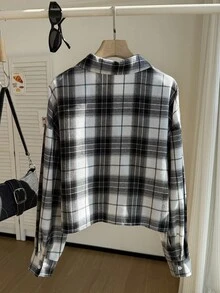 Comfortcana Plus Size Vintage Plaid Loose Fit Drop Shoulder Long Sleeve Short Casual Shirt, Autumn/Winter