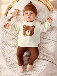 Cozy Pixies Newborn Baby Girl Cartoon Bear Pattern Knit Soft Crew Neck Long Sleeve Pullover Top And Elastic Waist Pants 2-Piece Set - Apricot - View 4