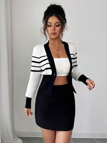 Elenzga Cárdigan de punto para mujer, de manga larga y cuello en V, con bajo asimétrico, suéter ligero con textura metálica, botón asimétrico de hoja única, a rayas clásicas en blanco y negro, mangas raglán, puños y bajo acanalados, sofisticado y elegante, versátil para uso casual, adecuado para otoño temprano e invierno como prenda de vestir para mujer