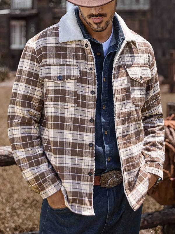 Manfinity Nomadique Abrigo informal de hombre con ajuste holgado, parche a cuadros, bolsillo de felpa cálida, hombros caídos, color block, chaqueta vaquera de estilo occidental para rodeo, otoño e invierno