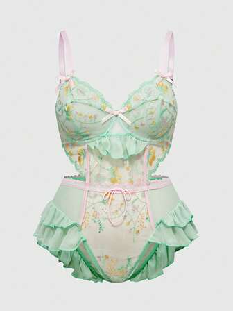 Fairycore Plus Size Women Embroidered Floral Underwire Handmade Sexy Camisole Bodysuit