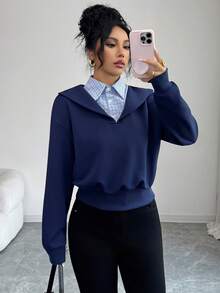 SHEIN Elenzya 女式休闲拼布格子宽松落肩运动衫，秋季 - 藏蓝色 - 查看 1