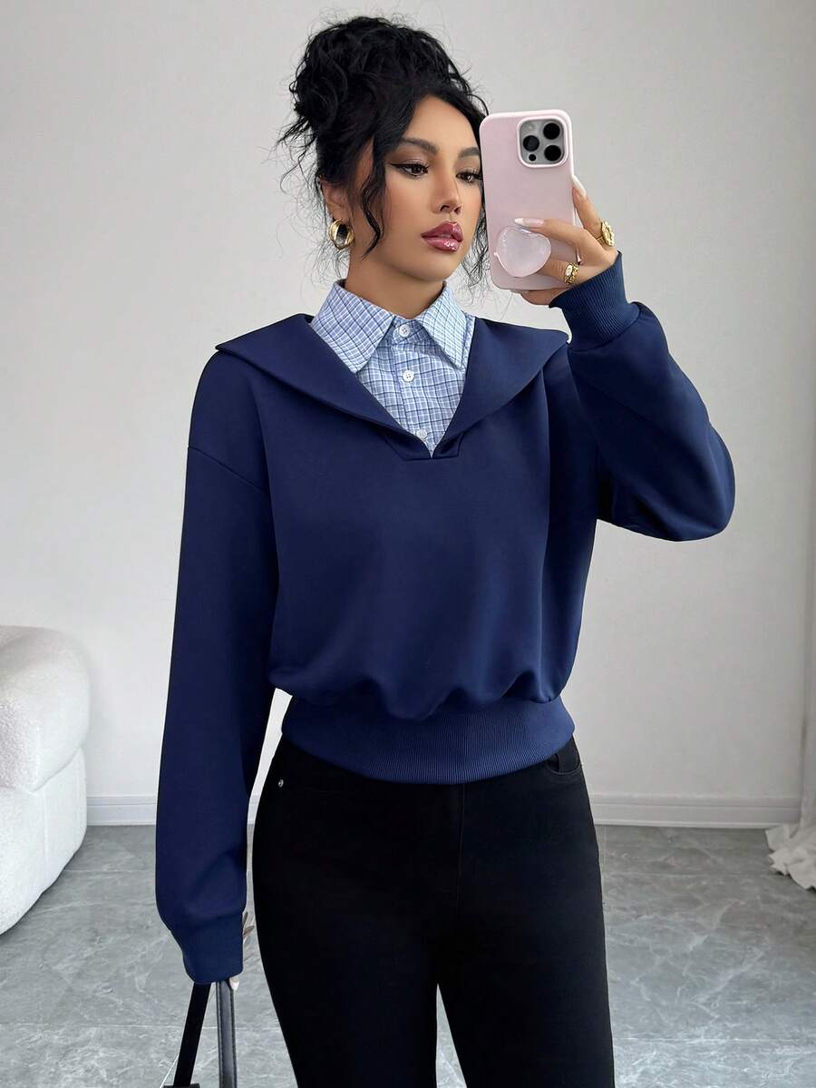SHEIN Elenzya 女式休闲拼布格子宽松落肩运动衫,秋季 - 藏蓝色 - 查看 1
