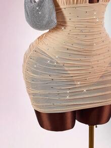 Amplova Rochie mini sexy de petrecere cu imprimeu floral din plasă cu strasuri, fără spate, cu halter - Caisă - Vizualizare 6