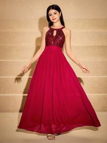 Rochie maxi elegantă din tul, cu paiete, fără spate, pentru adolescente, potrivită pentru absolvire, nuntă, bal, Halloween, Crăciun, vișinie; Rochie de prințesă la modă, cu tiv din plasă și burete, potrivită pentru întoarcerea la școală