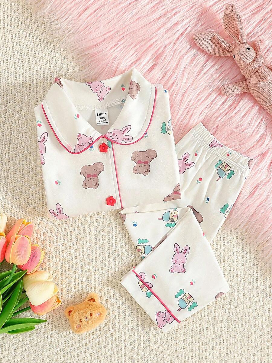 SHEIN 2 件套女婴睡衣，杏色可爱兔子和熊印花长袖上衣和休闲裤，女婴家居服 - 杏色 - 查看 1