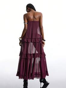 LYSMO 2025 Mới Đến Phong Cách Tối Giản Mùa Đông Màu Trơn Trang Trí Kim Sa Đầm Không Dây Cho Nữ Đầm Maxi Tím Đầm Maxi Xếp Ly Đầm Maxi Dài Đầm Maxi Boho Đầm Dài Đi Nghỉ Cho Nữ Đầm Maxi Không Dây Đầm Maxi Cho Nữ - Màu Đỏ Sâu - Xem 2