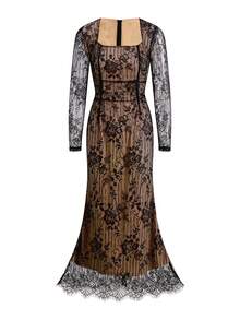 Ellevyn 女式方领长袖收腰紧身蕾丝连衣裙，优雅日常穿着，性感派对社交活动穿着