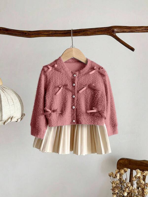 SHEIN Baby Mädchen Säugling Kleinkind Neugeborene 0-3 Jahre elegantes 3D Schleife Strickjacke & plissierter Rock 2-teiliges Set, Herbst/Winter