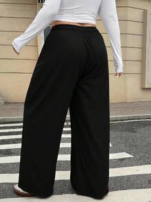 SHEIN EZwear 大码女式纯色抽绳腰阔腿宽松休闲裤，适合夏季 - 黑色 - 查看 2