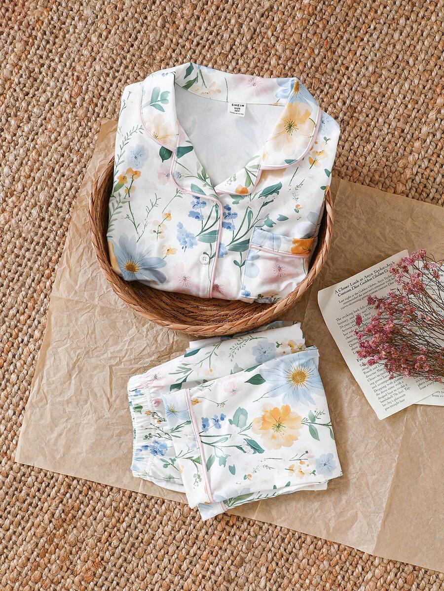 SHEIN 2 件套女童花卉印花休闲宽松翻领开衫和裤子套装，优雅时尚 - 白色 - 查看 1