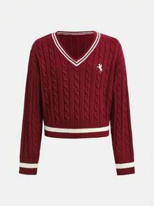 SHEIN Tween Girl Simple Solid V-Neck Long Sleeve Sweater, Casual Daily Wear, Autumn/Winter Long Sleeve Top, Collegiate V-Neck Long Sleeve Sweater, Embroidered Sweater Red Sweater Kids Tween Matching Set Knit Uniform Girl Sweaters Tween Girls Sweater Girl Maroon Outfits