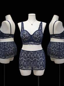 Conjunto de 2 peças de sutiã com aro e minissaia plus size com patchwork de renda e folhas - Azul marinho - Ver 7