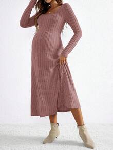 SHEIN 孕妇休闲日常通勤简约纯色罗纹圆领腰系带连衣裙，春秋 - 粉色 - 查看 3