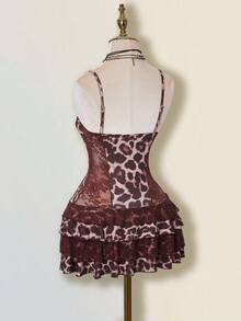 SHEIN ICON Women Brown Leopard Print Bustier Crop Top & Layered Lace Ruffle Mini Dress,Elegant Dresses For Party
