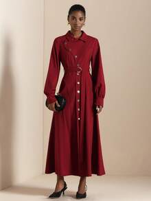Lyxana Women's Elegant Collared Metal Button Decor Tie Waist Long Sleeve Dress - Red - View 4
