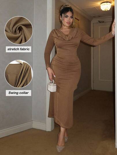 Xyvia 25+ 件女式纯色罗纹纹理上衣 + 裙子两件套，优雅的秋冬办公室装