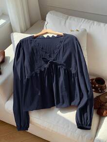 SHEIN Comfortcana 女式秋季简约纯色撞色蕾丝前领带衬衫 - 藏蓝色 - 查看 3