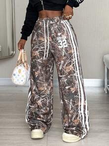 Coolane 女式 Y2K 抽绳腰斜口袋休闲图案运动裤 - 棕色 - 查看 5