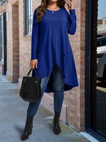 SHEIN 大码纯色长款不对称下摆圆领长袖T恤 - 寶藍色 - 查看 4