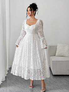 Elenzga Vestido de mujer talla grande con cuello cuadrado de encaje y mangas acampanadas, elegante para citas - Blanco - Ver 9
