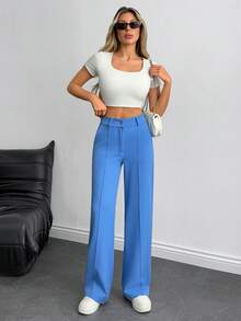 EURMUSE Women's Solid Color Toothpick Stripe Design Straight Leg Loose Casual Pants - Dusty Blue - View 5