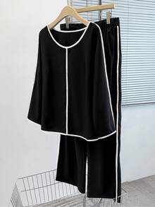 EMERY ROSE Bộ 2 món áo thun dài tay cổ tròn dáng rộng thoải mái cho nữ cỡ lớn kèm quần - màu đen - Xem 5