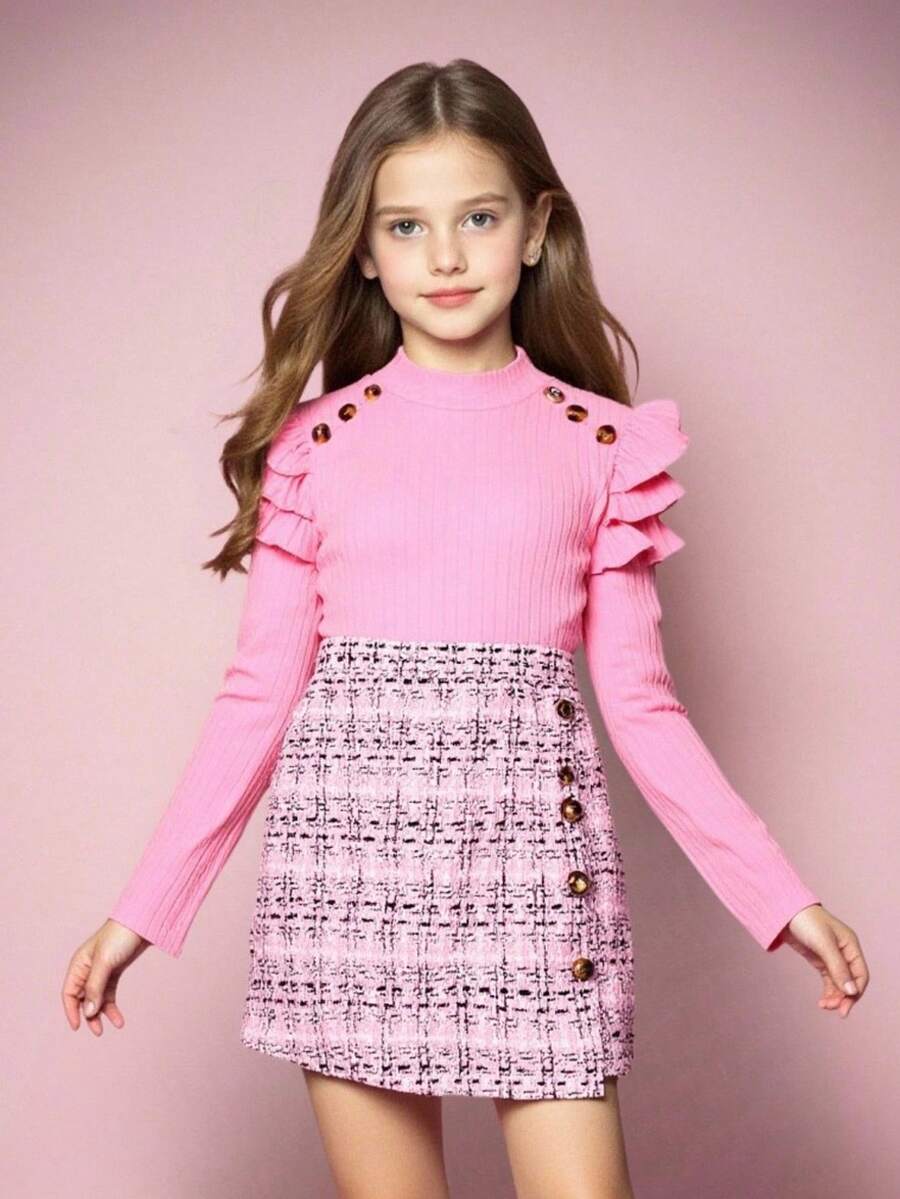 Tween Girl Ruffle Trim Tee & Plaid Asymmetrical Hem Skirt - Multicolor - View 1