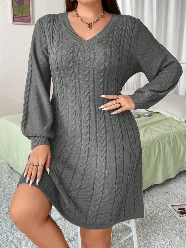 Vionelle Fashionable Lantern Sleeve V-Neck Cable Knit Sweater Dress
