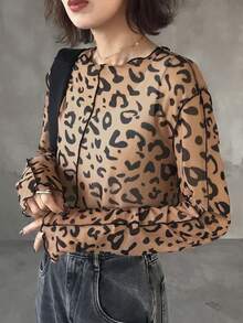 FRIFUL Women's Casual Leopard Print Blouse, Autumn Long Sleeve Women - Rust Brown - View 2