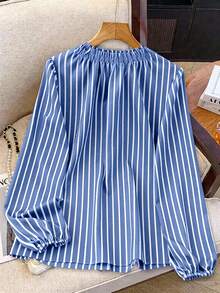 Linhara Plus Size Women's French Striped Puff Sleeve Round Neck Metal Button Shirt - Blue - View 2