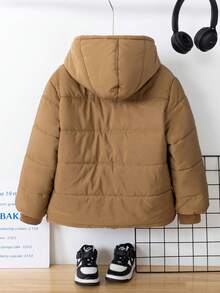 秋冬新款简约厚连帽夹克，适合青少年男孩休闲宽松拉链外套 - 卡其色 - 查看 2