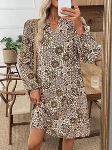 EMERY ROSE 女式休闲全印花缺口领长袖中长连衣裙，秋季 - 彩色 - 查看 4