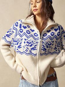 Bohemela 女士时尚复古费尔岛提花拉链开衫秋冬女装 - 杏色 - 查看 1