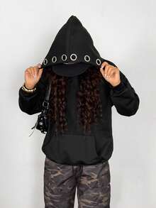 StreetHx Women's Oversized Casual Streetwear Punk Rock Y2K Sweatshirt With Black, Silver Metal Ring Hollow Eyelet Decor, Versatile College Style