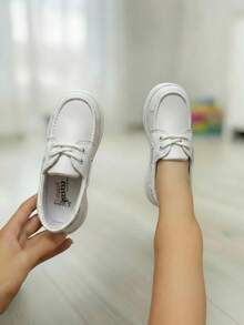 Zapato para niño transpirable costuras decorativas punta redonda cordones suela plana estilo náutico casual escolar mocasín - Blanco - Ver 1