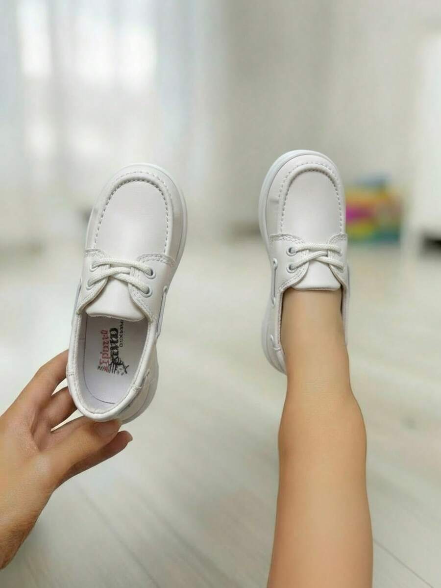 Zapato para niño transpirable costuras decorativas punta redonda cordones suela plana estilo náutico casual escolar mocasín - Blanco - Ver 1