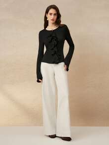 Cévolie 优雅法式黑色荷叶边喇叭袖上衣 - 黑色 - 查看 3