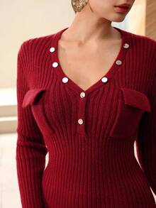 Modelyn Women's Elegant Solid Color V-Neck Flap Pocket Fitted Sweater Dress, Versatile For Autumn/Winter - Burgundy - View 5