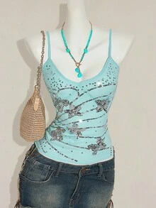 SHEIN ICON Y2K 花卉串珠刺绣不对称下摆女式蓝色串珠刺绣吊带背心，修身性感夏季外套 - 淺藍色 - 查看 6