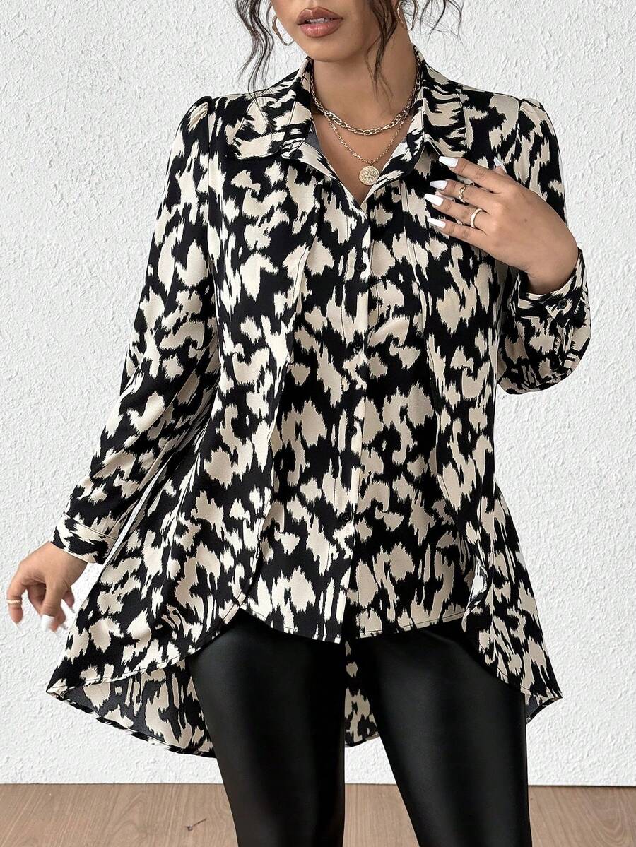SHEIN Tall CURVE 大码优雅印花不对称下摆女式衬衫,秋冬 - 彩色 - 查看 1