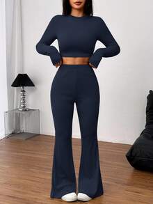 SHEIN EZwear 2 件套女式休闲纯色针织圆领长袖短款修身 T 恤和高腰喇叭裤 - 藏蓝色 - 查看 4