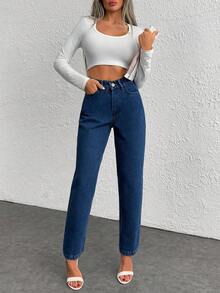 EURMUSE 100%Cotton High Waist Solid Pocket Mom Fit Jeans - Blue - View 5