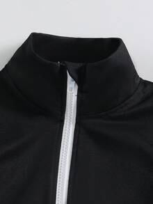 SHEIN 青少年女孩长袖圆领拉链运动衫，配有抽绳腰部口袋裤子两件套，适合日常休闲穿着，秋冬季 - 黑色 - 查看 4