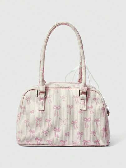 Anime 1pc Pink Corduroy Bowknot Print Fashion Portable Large Capacity Bow Decor Kawaii Ladies Handbag